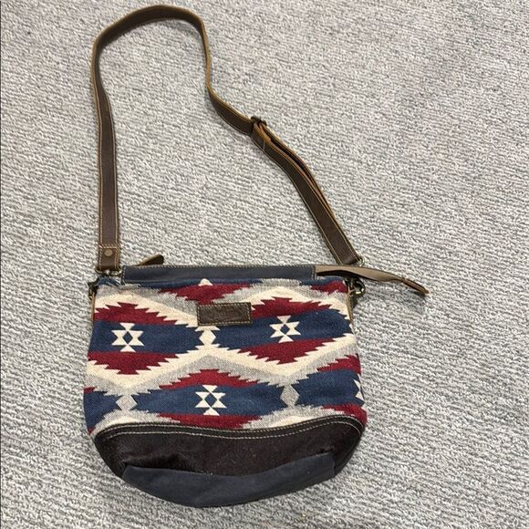 Red and Blue Geometric Crossbody Bags with Leather Trim - Picture 1 of 3